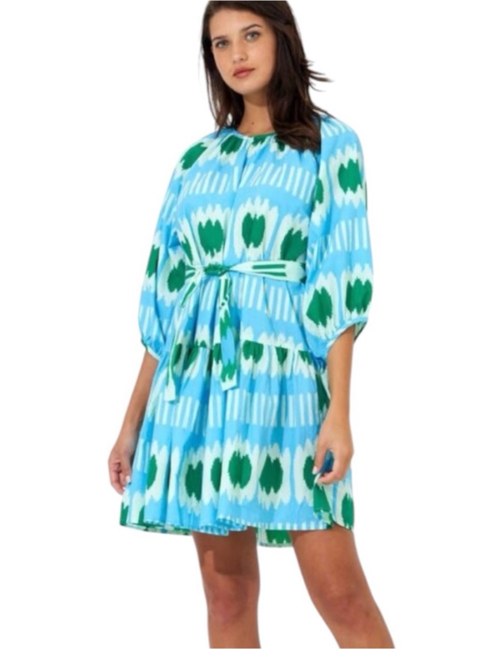 Oliphant Aqua & Green Ikat Printed Tie-Waist Mini Dress | S
